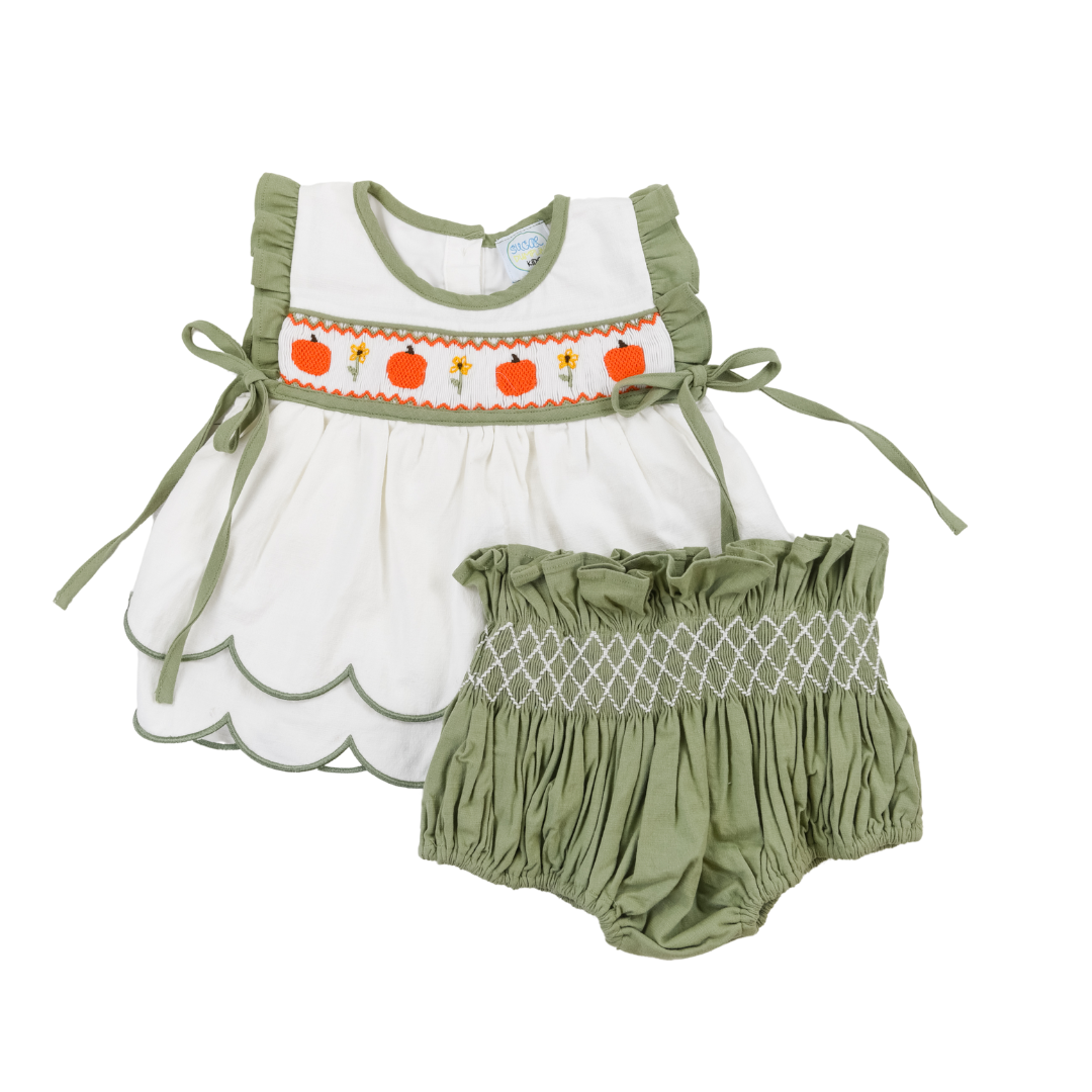 GIrls Pumpkin & Poppy Smocked Bloomer Set