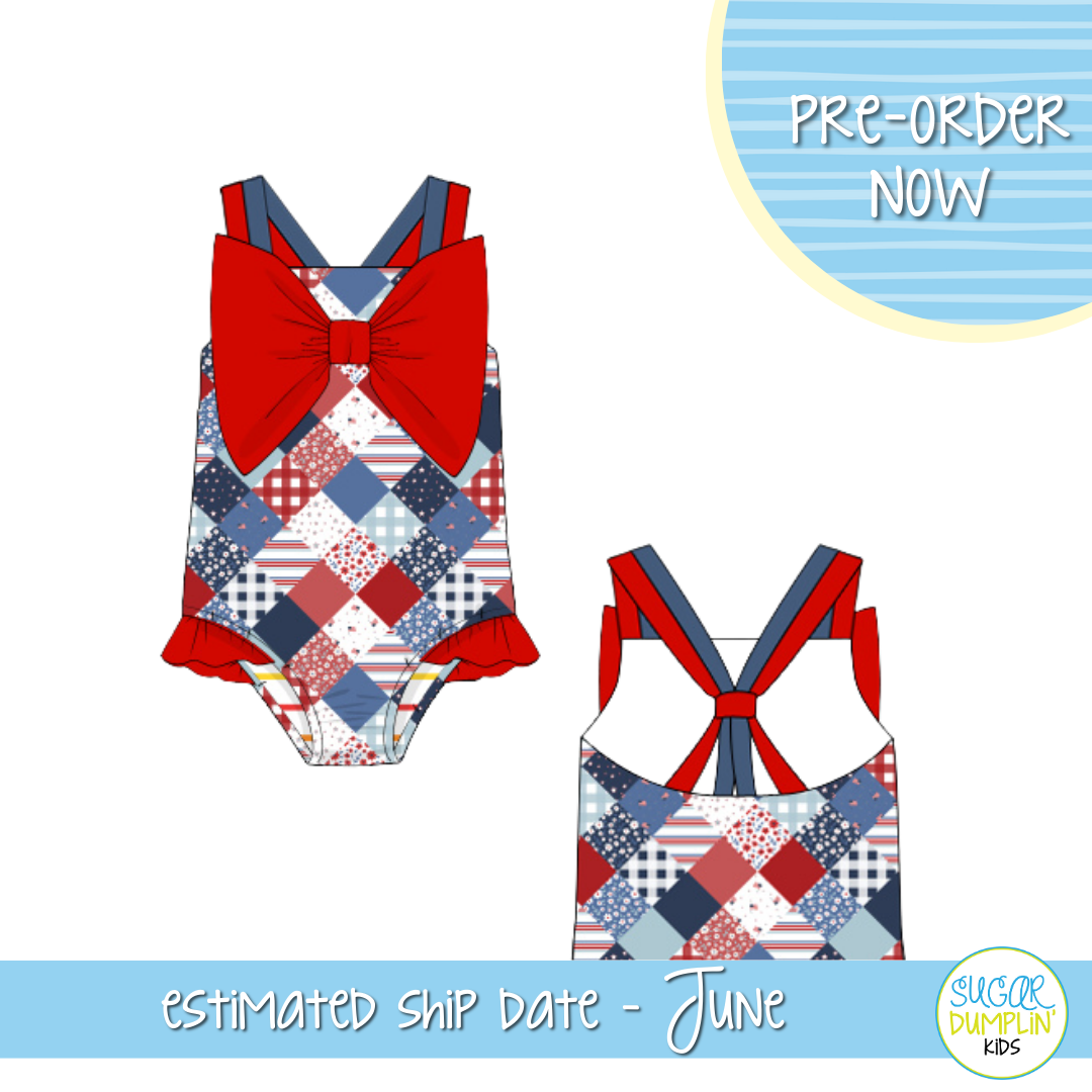 PO103: Patriotic Patchwork Girls Bow 1pc Swimsuit