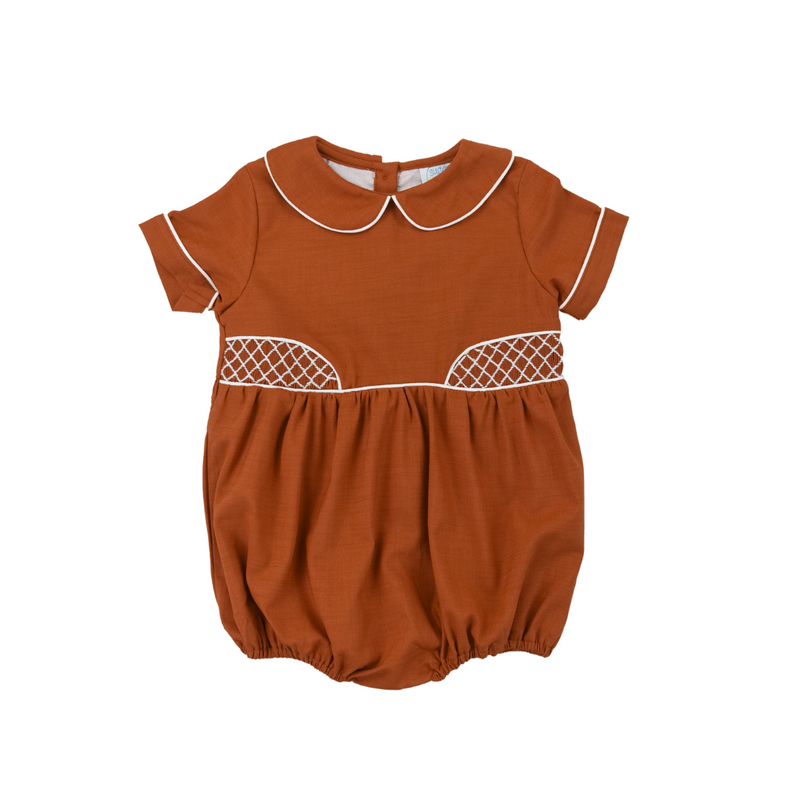 Boys Rust Linen Smocked Bubble