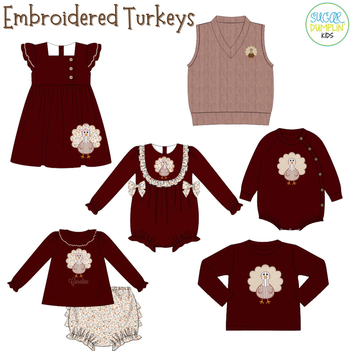 PO115: Embroidered Turkeys Girls Bubble