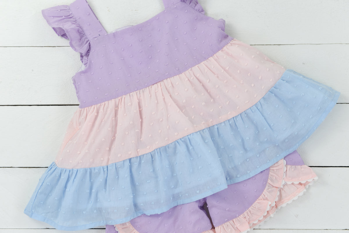 Swiss Dot Colorblock Girl Short Set