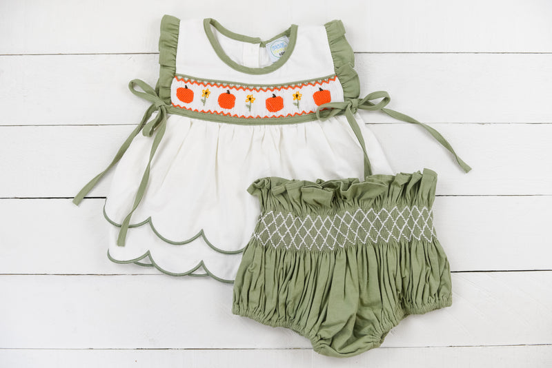 GIrls Pumpkin & Poppy Smocked Bloomer Set