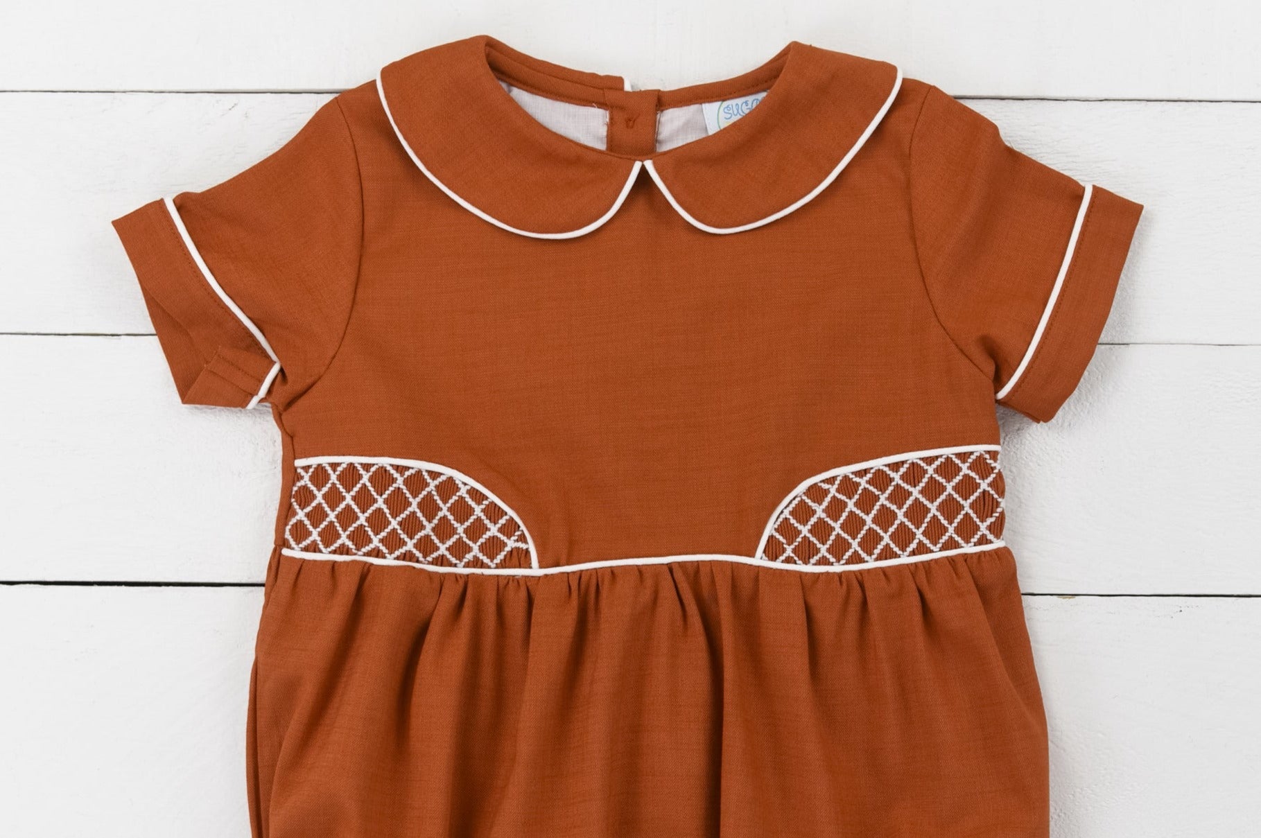 Boys Rust Linen Smocked Bubble