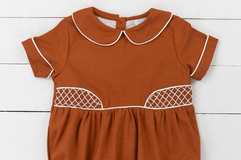 Boys Rust Linen Smocked Bubble