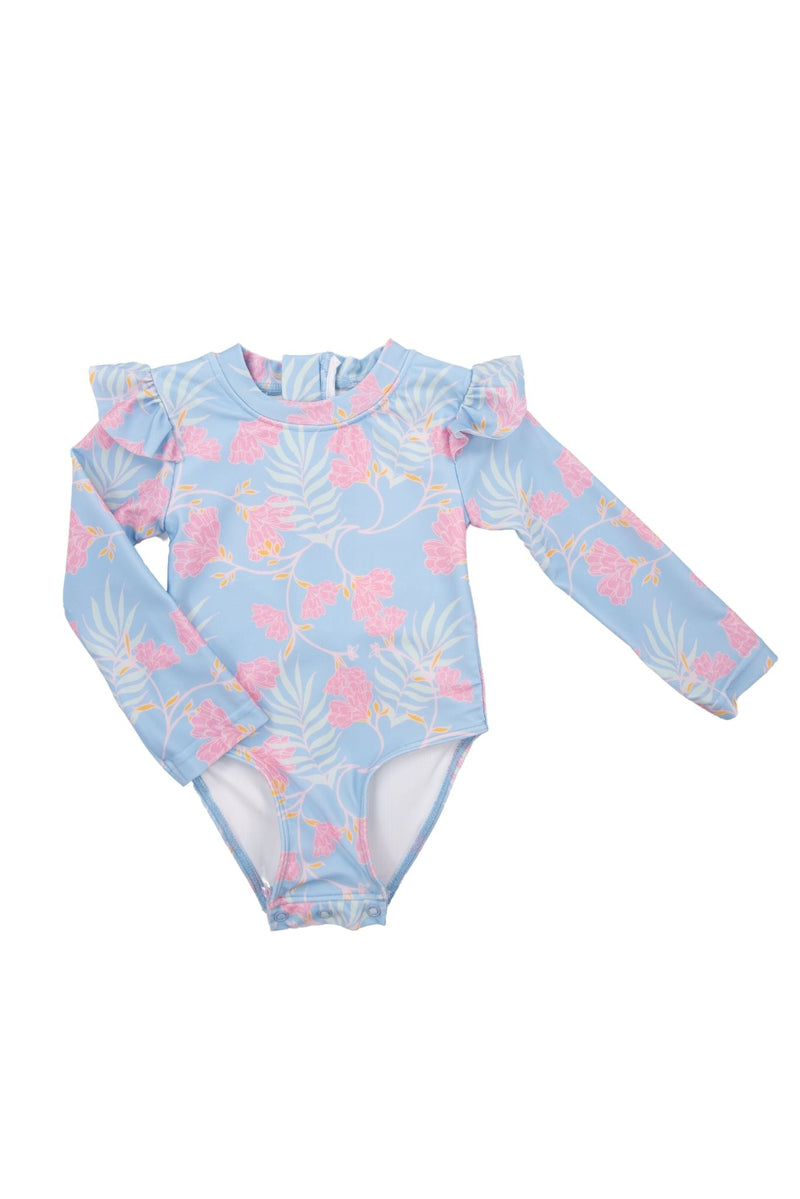 Girls Tropical Long Sleeve 1 Piece Swimsuit