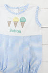 a blue and white striped romper with two ice cream cones on it