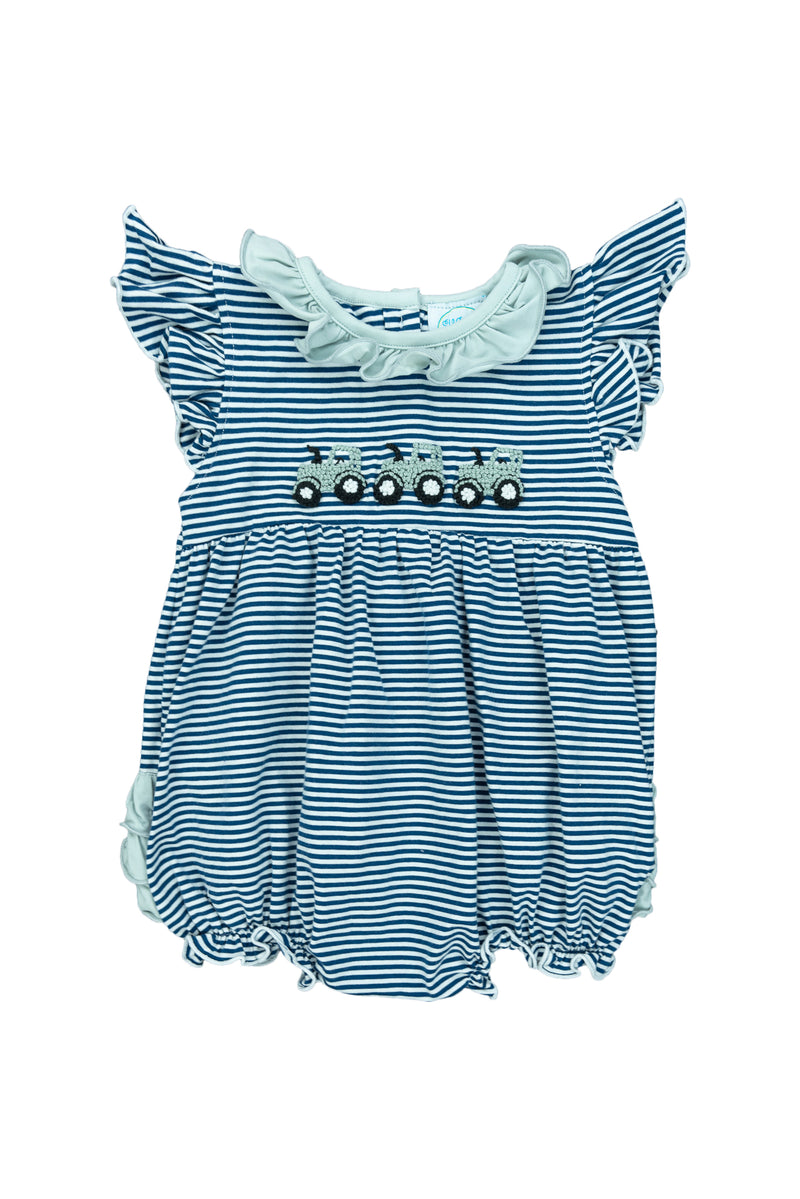 Girls Navy Striped French Knot Tractor Bubble