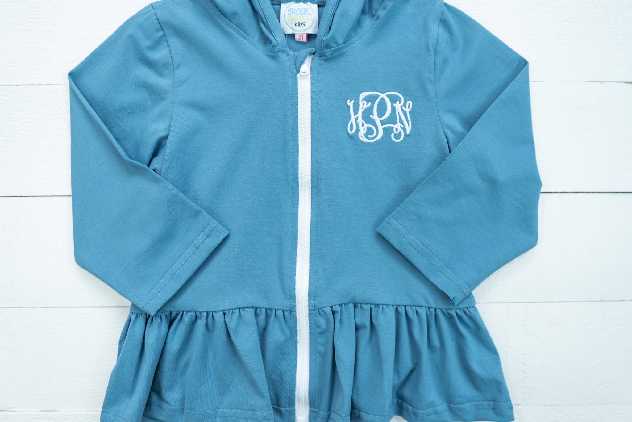 Girls Blue Stone Ruffle Hooded Jacket