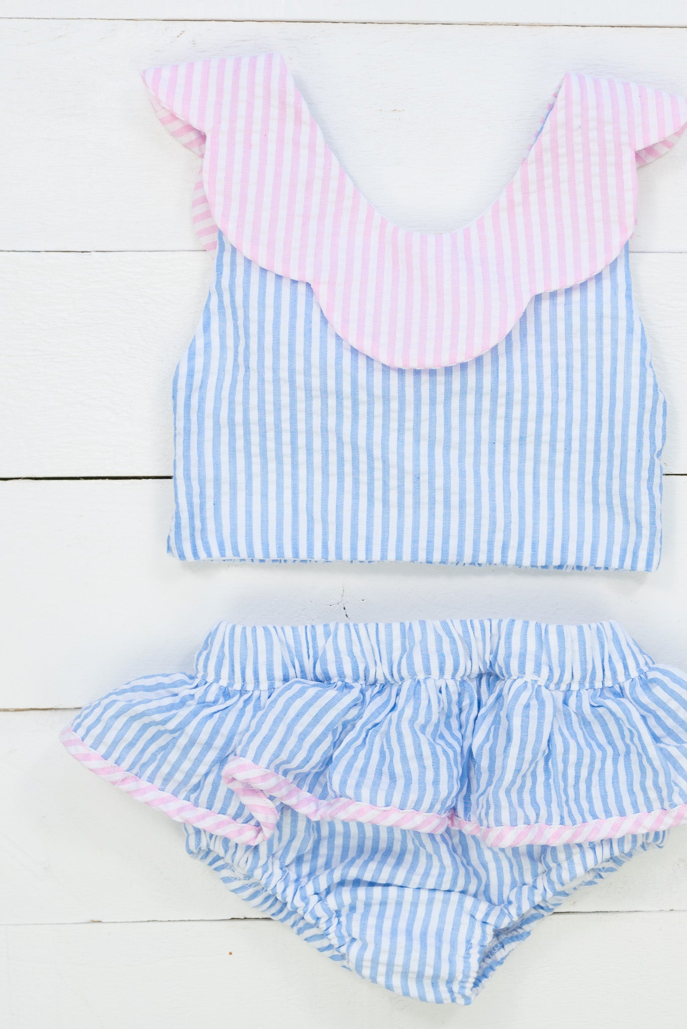 Girls Blue/Pink Seersucker 2 Piece Swimsuit