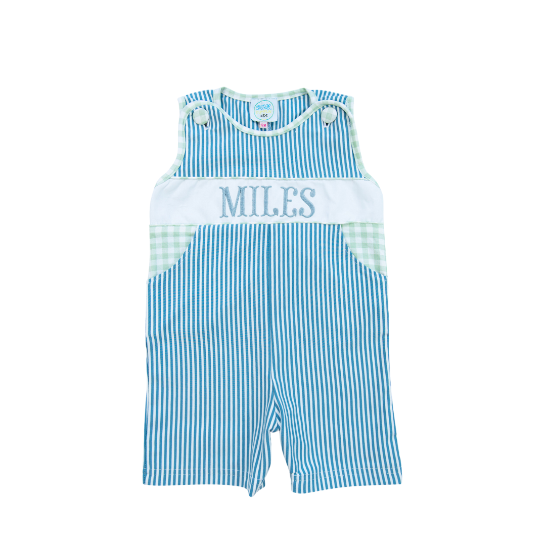 Boys Knit Sage/Navy Name Embroidered Shortall